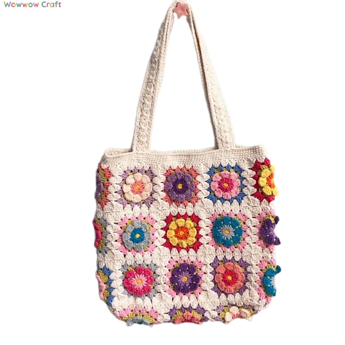 Shoulder Bags,Totes,Handmade Crochet Bags,Flower Splicing Granny Square Tote crocheted with Snow Fairy Yarn - High quality handmade crocheted shoulder bag